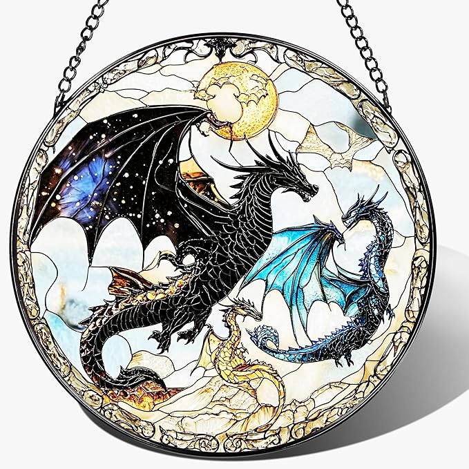 Dragon Stained Glass Window Hanging, 8 Inch Sun Catchers Indoor Window, Suncatchers for Windows Hanging, Home Decor and Christmas, Holiday, Mother's Day, Father's Day, Birthday Gifts for Women, Men