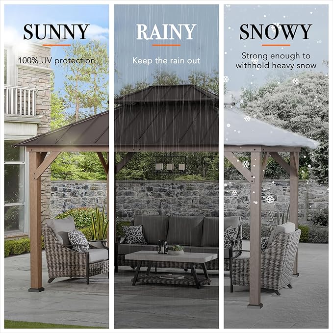 SUNJOY 10 x 12 ft. Wood Gazebo, Outdoor Patio Cedar Framed Steel Hardtop Gazebo with 2-Tier Metal Roof, Suitable for Patios, Lawn and Backyard, Dark Brown Roof + Dark Wood Frame