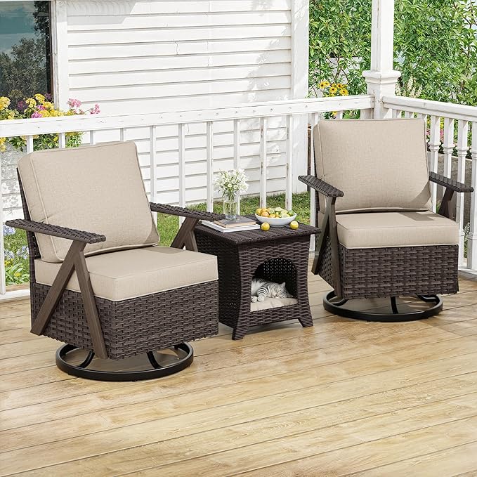 Outdoor Swivel Rocker Chairs, 3 Pieces Wicker Swivel Patio Chair with Rattan Side Table, Patio Furniture Set for Outside Porch Deck