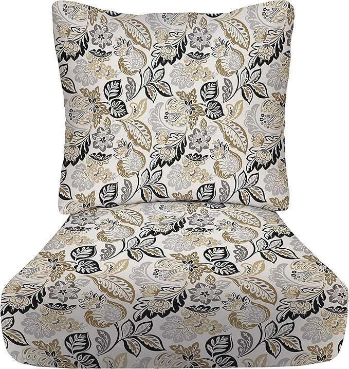 RSH DECOR Deep Seating Cushion with Pillow Back | 24” x 23” Seat | Water and Fade-Resistant Spun Fabric | Outdoor Chair Cushion Set for Patio Furniture | Dailey Pewter Black Floral