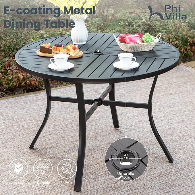 PHI VILLA 5 Piece Outdoor Dining Set for 4, Round Steel Dining Table with Umbrella Hole & Heavy-Duty Metal Chairs with Cushions, Modern Patio Dining Furniture Set for Deck, Backyard, Porch