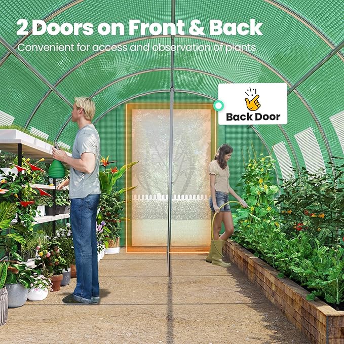 KING BIRD Premium 20x10x6.6FT Greenhouse for Outdoors, Large Walk-in Upgraded Galvanized Metal Frame, Mesh Door Screen Window Improved Zipper Tunnel Hoop for Garden Plant Winter, 2 Stiffeners, Green