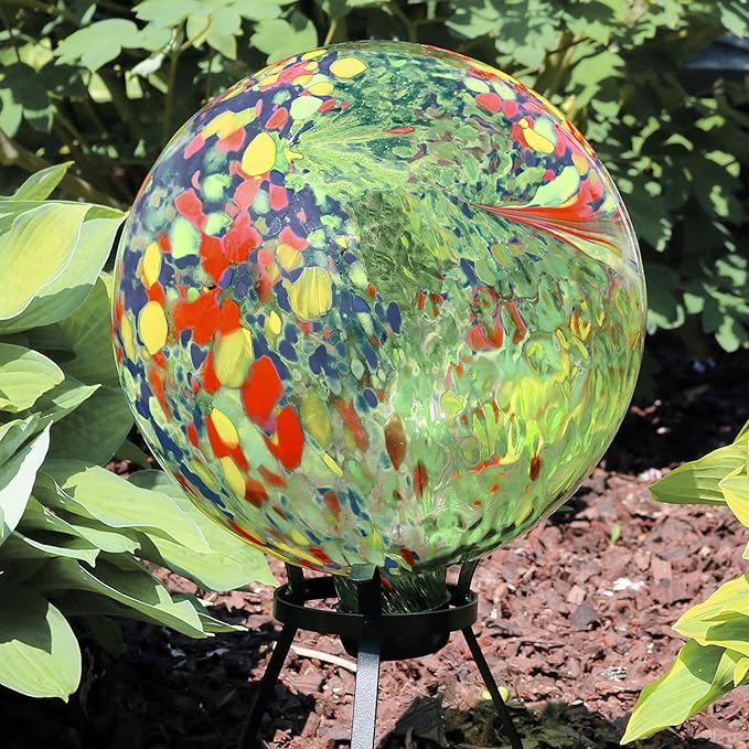 Sunnydaze 10-Inch Gazing Ball for Garden - Glass Gazing Globe for Outside - Garden Orb Yard Decor - Green Artistic - Set of 2