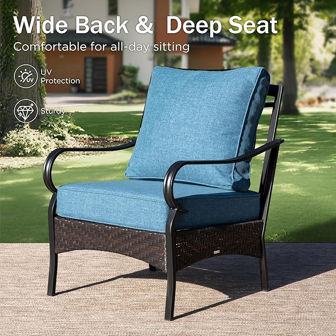 PHI VILLA Outdoor Wicker Chairs Sofa of 2, All Weather High Back Rattan Chairs 2 Seats with Comfy Cushions for Porch Deck