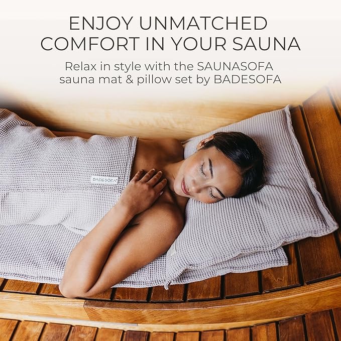SAUNASOFA™ Sauna Mat & Pillow Set – 3 seater sauna seat cushion and pillow for indoor and outdoor infrared or finnish sauna – luxury sauna gift in taupe