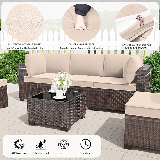 Outdoor Patio Furniture Sets with Propane Fire Pit Table, 10 Pieces Outdoor Furniture Patio Sectional Sofa Conversation Set w/ETL Approved 43" Gas Outdoor Fire Table & Coffee Table Brown.
