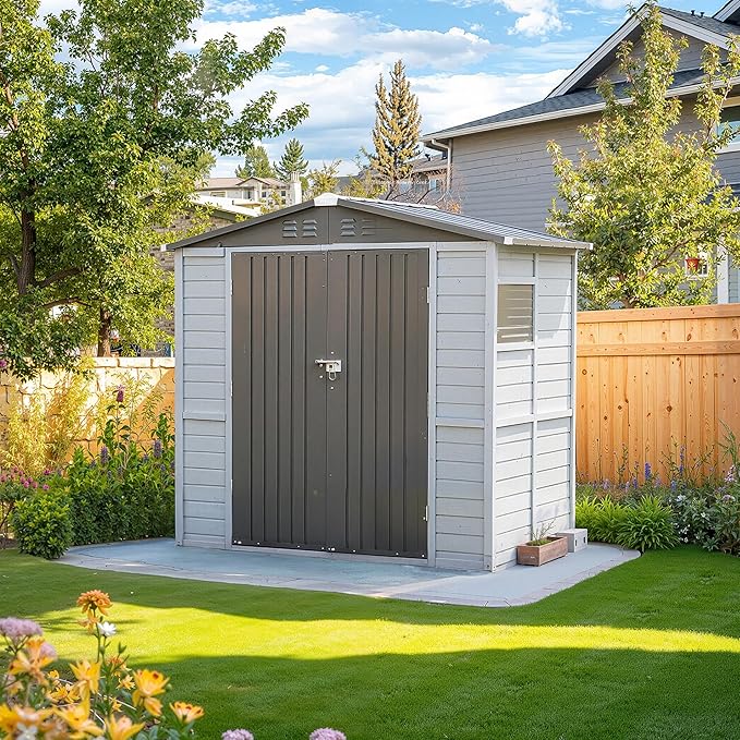 4x6FT Outdoor Storage Shed, Wood Garden Shed with Sloping Roof and Lockable Door,Tool Shed Bike Shed for Backyard Garden Patio Lawn,Gray