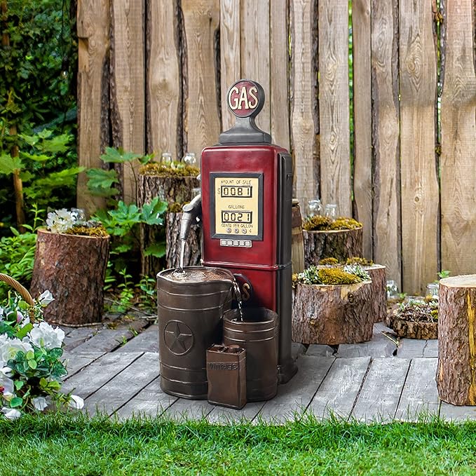 Teamson Home Vintage Gas Station Statue 3 Tiered Floor Waterfall Fountain with Pump for Outdoor Patio Garden Backyard Decking, 42 Inch Height, Dark Red