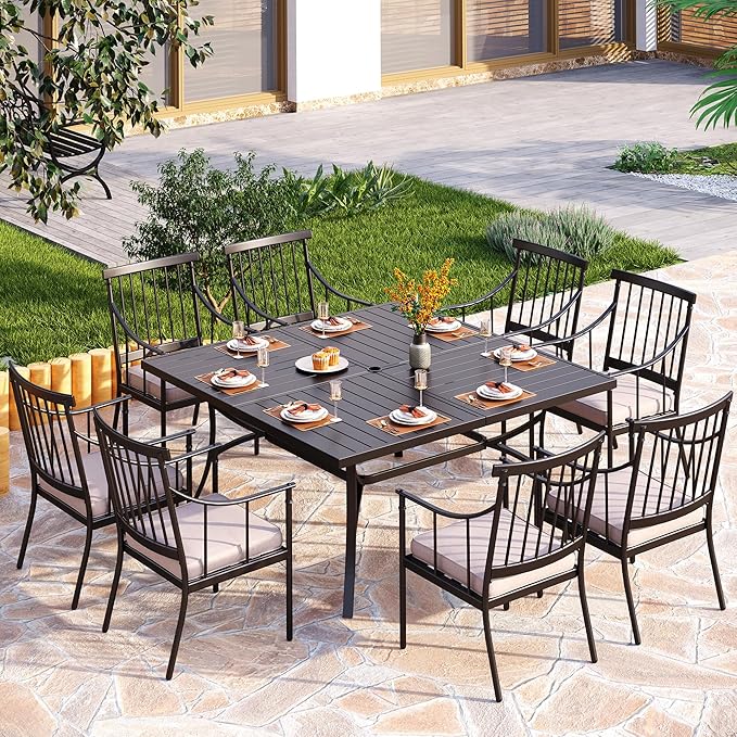 PHI VILLA 9 Pieces Outdoor Dining Set for 8, 60” Square Wrought Iron Dining Table & Heavy-Duty Steel Chairs with Cushions, Large Dining Furniture Set for Patio, Deck, Yard, Porch