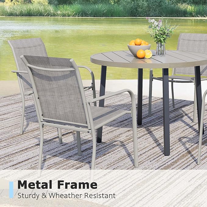 5 Pieces Round Dining Table Set for 4, Patio Dining Set Includes 4 Grey Stackable Patio Chairs and 1 Honey Oak Round Table, Patio Furniture Sets with Sling Support for Outside, Garden