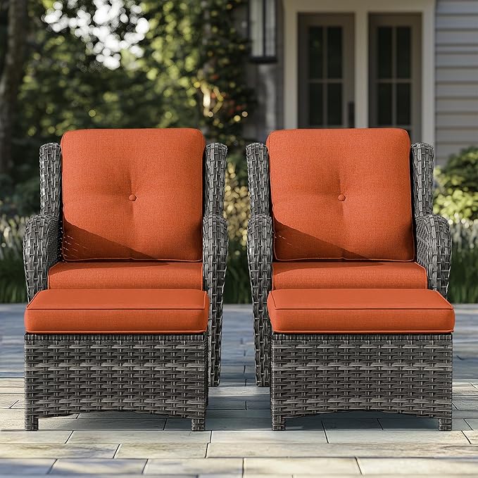 4 Pieces Patio Conversation Set, Wicker Chairs Set of 2 and Two Ottomans with 3.5-inch Seat Cushions, High Back and Curved Armrest for Backyard, Balcony and Deck, Orange
