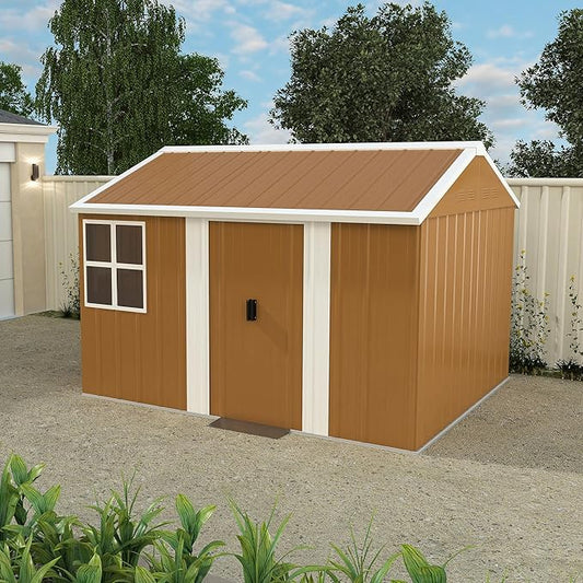 10x8 FT Outdoor Steel Storage Shed with Clear Windows, Sliding Lockable Door & Ventilation, Brown and White Weather-Resistant Metal Tool Shed for Garden, Backyard, Lawn, and Utility Storage
