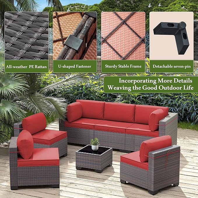 Outdoor Patio Furniture Set, 7 Pieces Outdoor Furniture All Weather Patio Sectional Sofa PE Wicker Modular Conversation Sets with Coffee Table,6 Chairs & Seat Clips(Red)