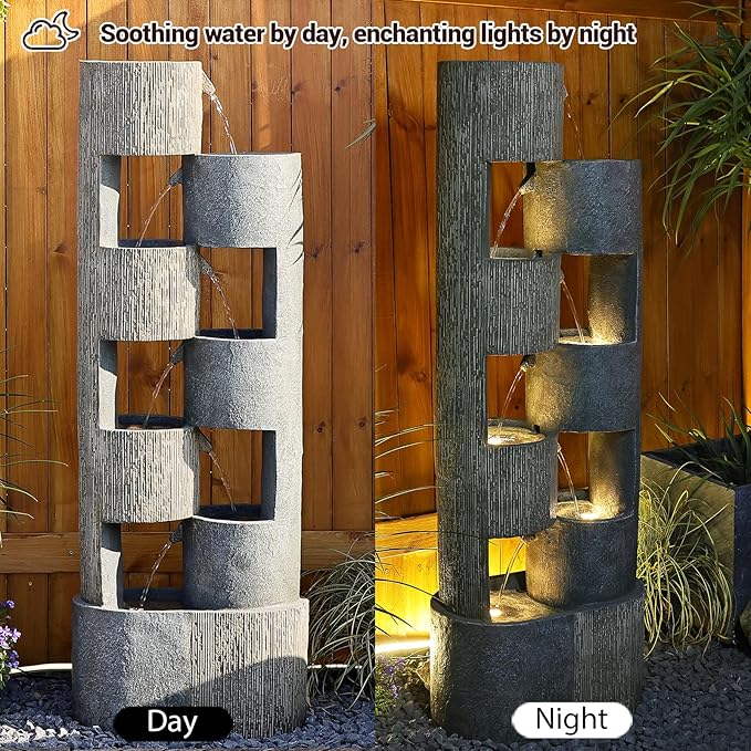 51" Outdoor Water Fountain Waterfall Fountain Outdoor Garden Water Feature Durable Resin Fiberglass with LED Lights, Pump, Natural Stones for Garden, Living Room, Patio