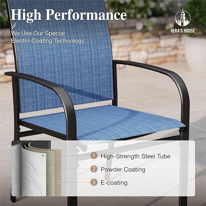 HERA'S HOUSE Outdoor Dining Chairs Set of 6, 36" Textilene Fabric Patio Chairs with Wrought Iron Metal Frame Support 350lbs for Lawn Garden Backyard Deck, Blue