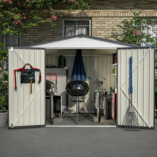 8x6 FT Outdoor Storage Shed W/ 2 Lockable Hinged Doors,Metal Shed W/Sloped Roof & 4 Air Vents,Garden Tool House W/Updated Frame Structure,for Backyard Patio Lawn,White
