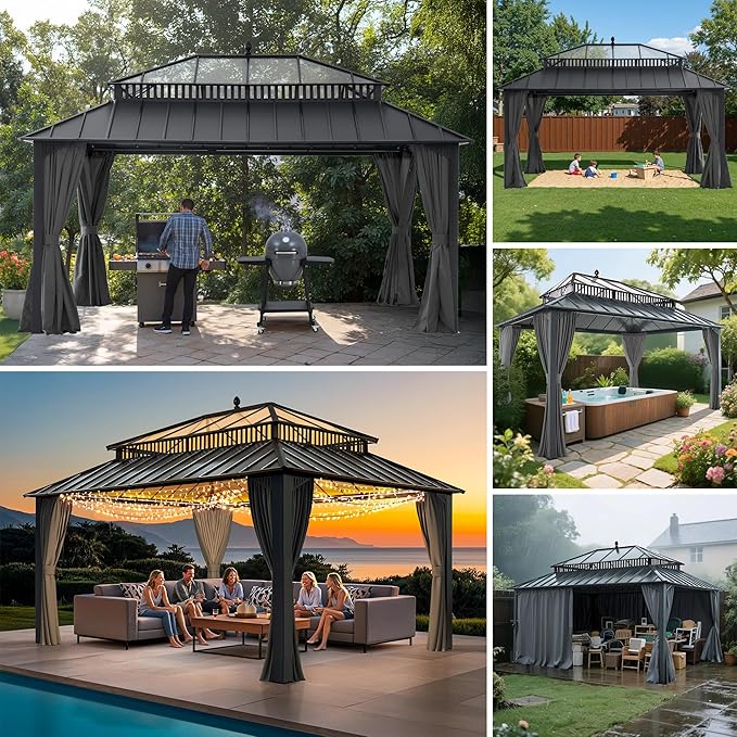 SUNJOY Kingston 16' x 12' Hardtop Gazebo with Galvanized Steel/Polycarbonate Double Roof, Curtain and Netting, Gray Aluminum Posts Permanent Pavilion Gazebo for Garden, Patio, Deck, Lawn