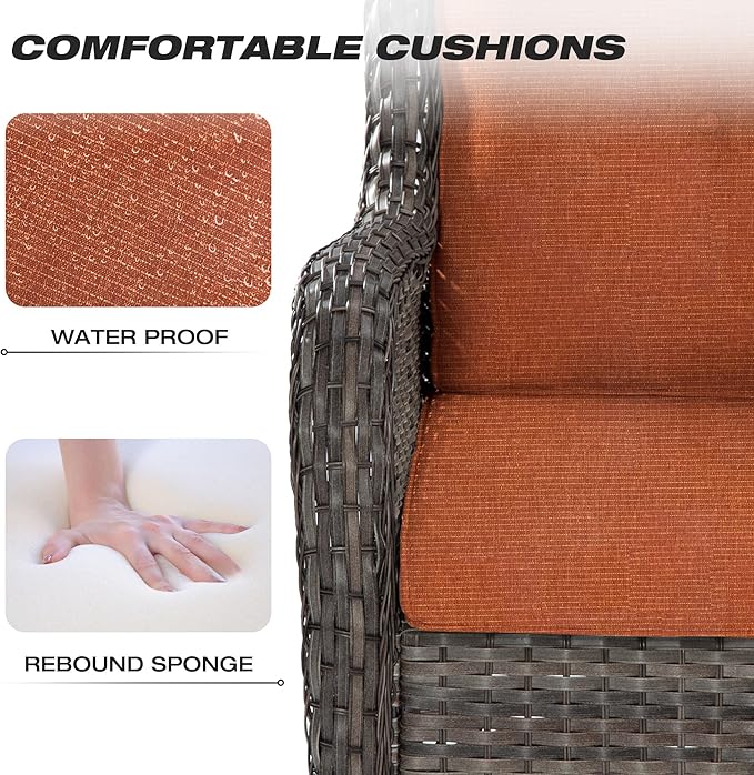 Joyside Patio Furniture Set 6 Pieces - Outdoor Rattan Furniture Set with 2 Armchairs, 2 Couch and 2 Ottomans, Olefin Cushions Included(Mixed Grey/Orange)