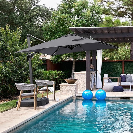 PURPLE LEAF 8' X 8' Patio Umbrella with Base for Pool 7' High Offset Outdoor Cantilever Umbrella Swimming Pool Umbrella with 360°Rotation for Poolside Grey