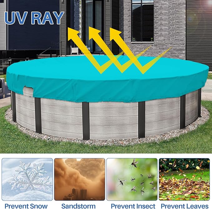 ECOOPTS Waterproof Round Polyester Pool Cover for Above Ground Pools, Swimming Pool Cover Protector Winter Safety Cover (10 ft, Turquoise)