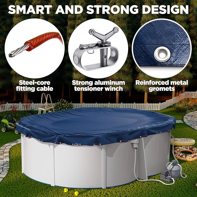 10 x 15 ft Oval Pool Covers for Above Ground Pools, Oval Winter Pool Cover, Swimming Pool Cover, Keeps Out Debris, Cold and UV Resistant, Supreme Mesh, Navy Blue