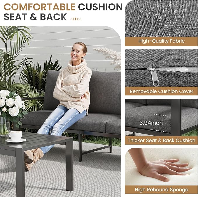 Aluminum Patio Furniture Set with Cushions 3-Piece Outdoor Sectional Metal Conversation Sofa Set with Coffee Table for Garden,Lawn,Backyard,Deck
