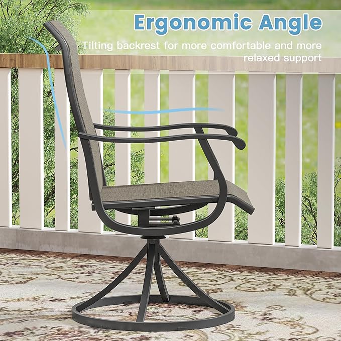 DIFY 5 Pieces Outdoor Patio Dining Set for 4, 38.6" Walnut Square Patio Dining Table and 4 Brown Swivel Textilene Chairs with Curved Armrest, Patio Table and Chairs