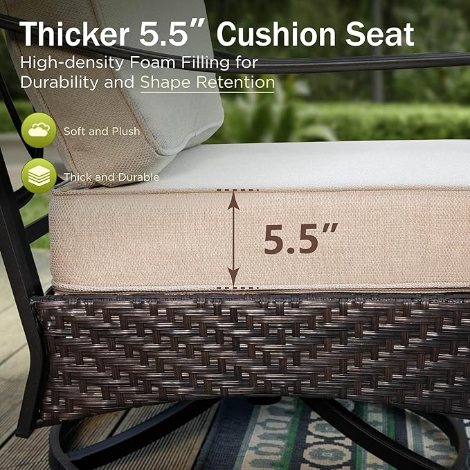 PHI VILLA Outdoor Modern Patio Furniture Set, Upgraded Wicker&Metal Patio Furniture Conversation Set with Waterproof Thick Cushions for Porch, Poolside, Deck, and Yard (5 Pieces,Beige)