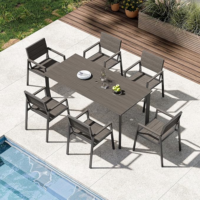 Patio Outdoor Dining Set for 6, Aluminum 7 Piece HDPE Outdooor Table and Chairs Set with Umbrella Hole, Modern Rectangular Patio Furniture Set with All-Weather Table & 6 Chairs (Charcoal)