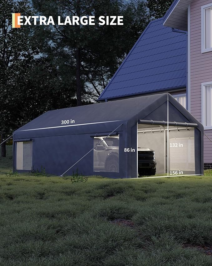 GarveeLife 13x25 ft Carport with 10 Sandbags, Car Port with 220 g PE Tarp, 2 Roll-Up Doors, and 4 Windows, for Full-Size Pickups, Bass Boats, Tractors, and SUVs, Gray