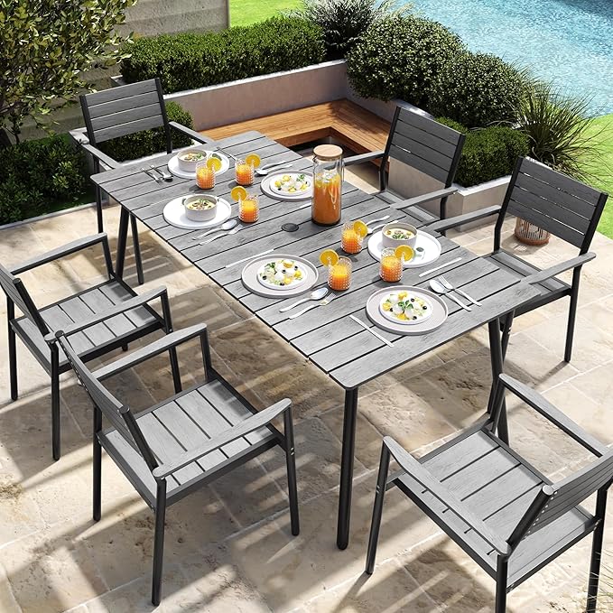 Aluminum 70 Inch Patio Outdoor Dining Table for 6, Umbrella Hole & Wood-Like Top, All-Weather Deck & Backyard Table