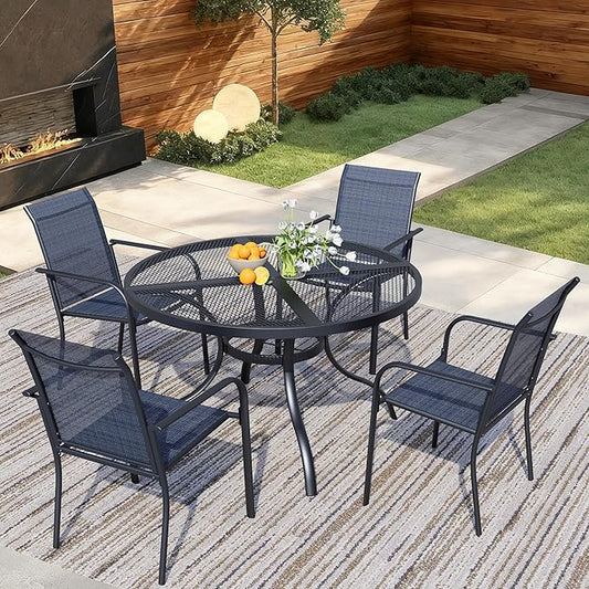 5 Pieces Round Dining Table Set for 4, Patio Dining Set Includes 4 Dark Blue Stackable Patio Chairs and 1 Black Mesh Round Table, Patio Furniture Sets with Sling Support for Outside, Garden