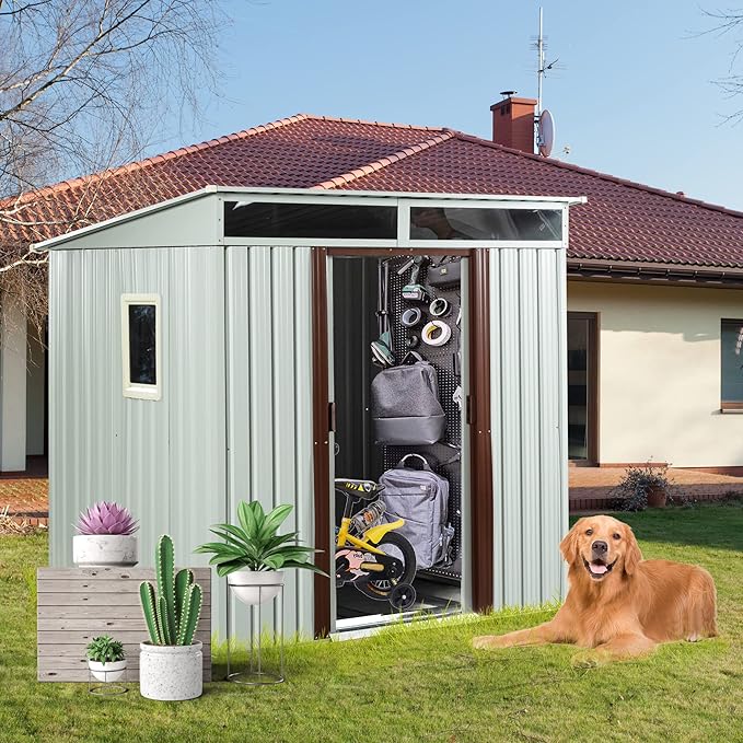 Favfurish 6×5 FT Outdoor Galvanized Metal Storage Shed Large Garden Sheds W/Sliding Doors and Padlock,Rust and Waterproof,with Window and Punched Vents,Tool-Sheds for Backyard,Lawn,White