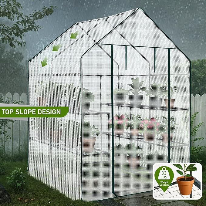 Outvita Walk-in Greenhouse, Outdoor Durable PE Plant Green House for Frost Protection with 3 Tiers 8 Shelves, Shelf Clips, Roll-up Zipper Door, 56"x56"x77" White