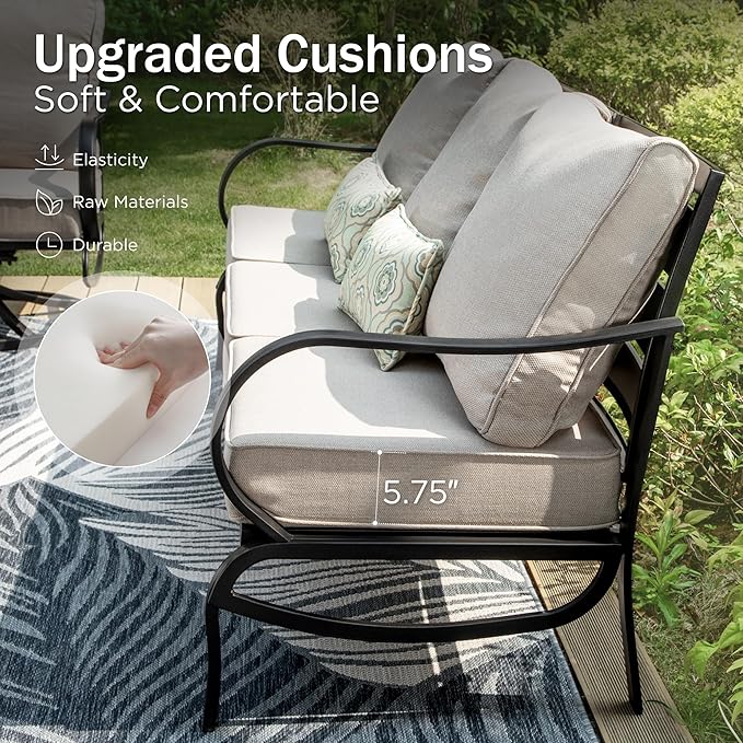 PHI VILLA 6 Piece Patio Furniture Sets with 1 x 3 Seater Padded Deep Seating Bench, 4 x Leg Cushioned Sofa Chairs and 1 x Coffee Table, Outdoor Conversation Metal Furniture Set for 7