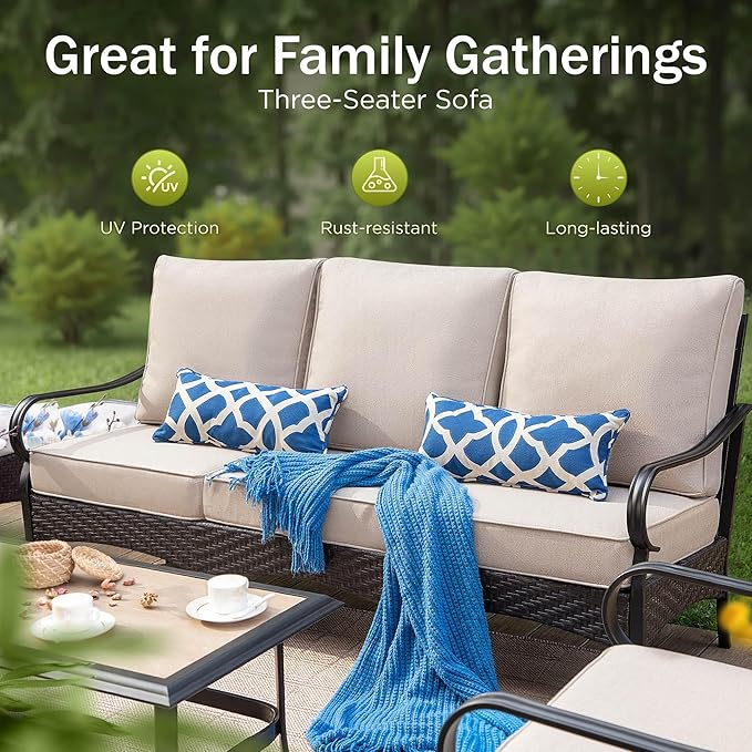 Patio Furniture Set with 56" Fire Pit Table, Premium Outdoor Wicker Metal Frame Furniture with Upgraded Waterproof Thick Cushions for Porch, Poolside, Deck, and Yard （7 Pieces,Beige）