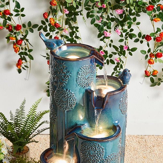 Glitzhome 31.75" H Outdoor Water Fountain with LED Lights and Pump, 4 Tier Dandelion Texture Vase Shaped Ceramic Floor Standing Fountain with Birds for Porch Deck Garden Patio Backyard, Turquoise