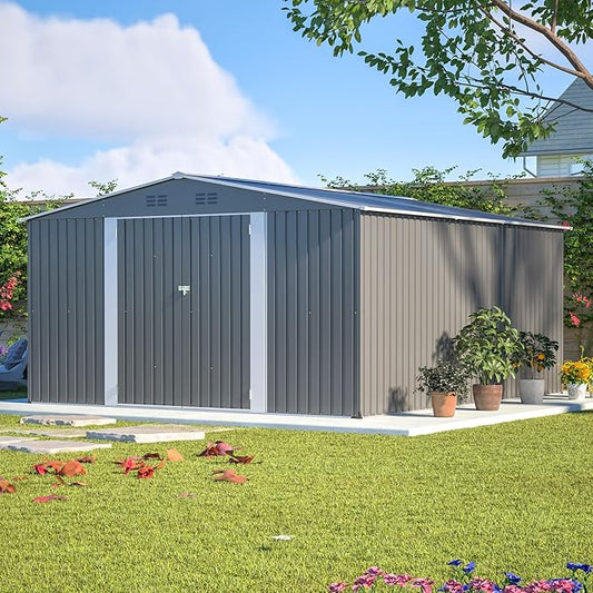 12x14 FT Shed Outdoor Storage Metal Large Garden Tool Sheds with Lockable Doors Floor Frame Gable Roof Waterproof Steel Utility Equipment Sheds for Backyard Patio Lawn Poolside, Black