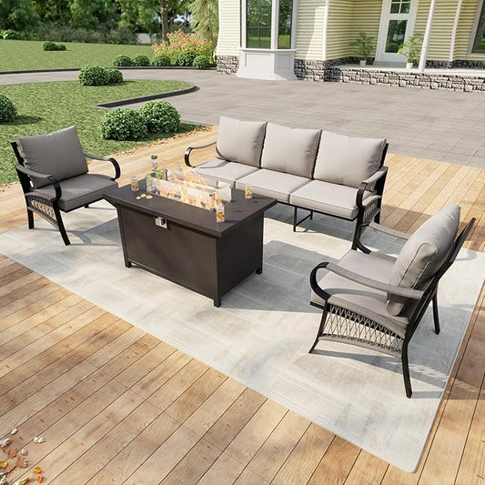 4 Pieces Outdoor Patio Conversation Sets with All Weather Cushions, Metal 3-Seater, 2 Single Chairs, 1 Fire Pit Table for Backyard Deck Porch Poolside, Beige