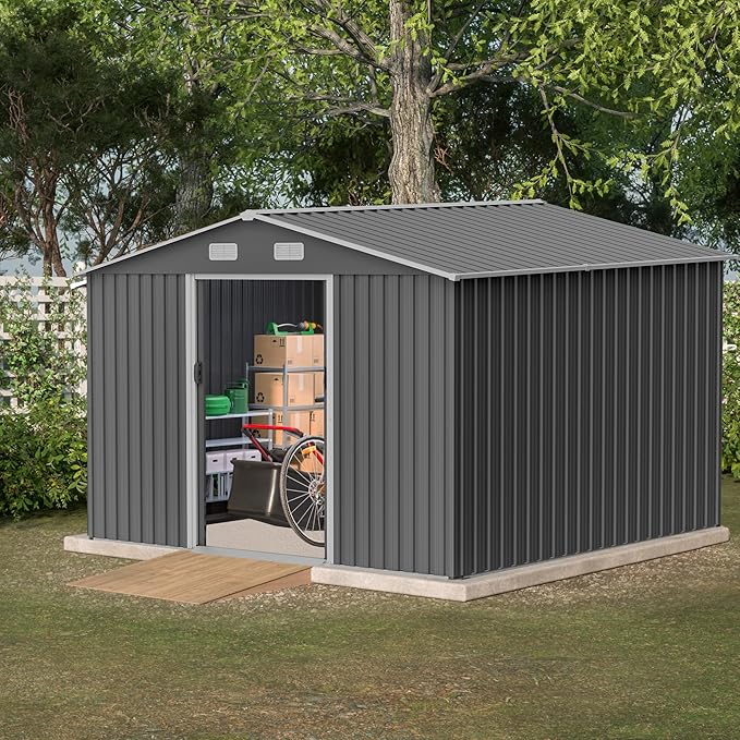 10X8 FT Outdoor Storage Shed, Lockable Doors, Tool Shed for Garden, Patio, Backyard, Lawn, Grey