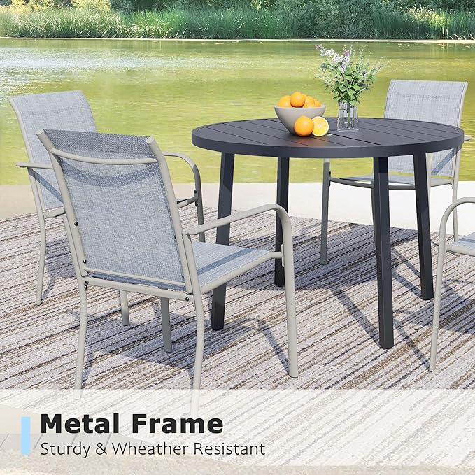 7 Pieces Round Dining Table Set for 6, Patio Dining Set Includes 6 Beige Blue Stackable Patio Chairs and 1 Black Round Table Set of 6, Patio Furniture Sets with Sling Support for Outside, Garden