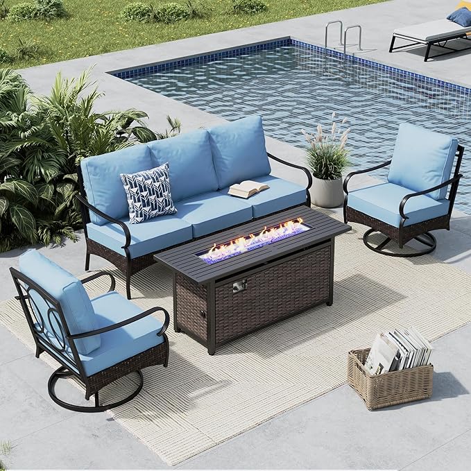 MFSTUDIO 4 Pieces Outdoor Patio Furniture Set, Metal Outdoor Conversation Set, Rattan Wicker Patio Sectional Set with 2 x Swivel Single Sofa, 3-Seat Sofa, 1 x Fire Pit Table, Blue