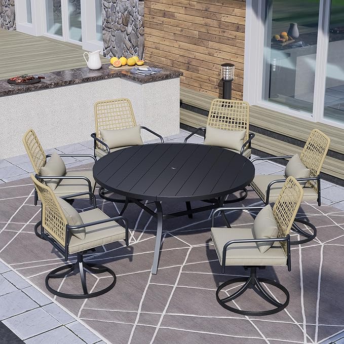 Outdoor Patio Rattan Swivel Chairs and 58" Round Table Set with Cushions - 7 Pieces