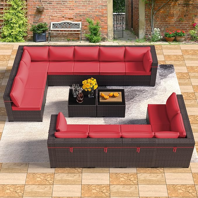 Outdoor Patio Furniture Set, 14 Pieces Outdoor Furniture All Weather Patio Sectional Sofa PE Wicker Modular Conversation Sets with Coffee Table,12 Chairs & Seat Clips(Red)