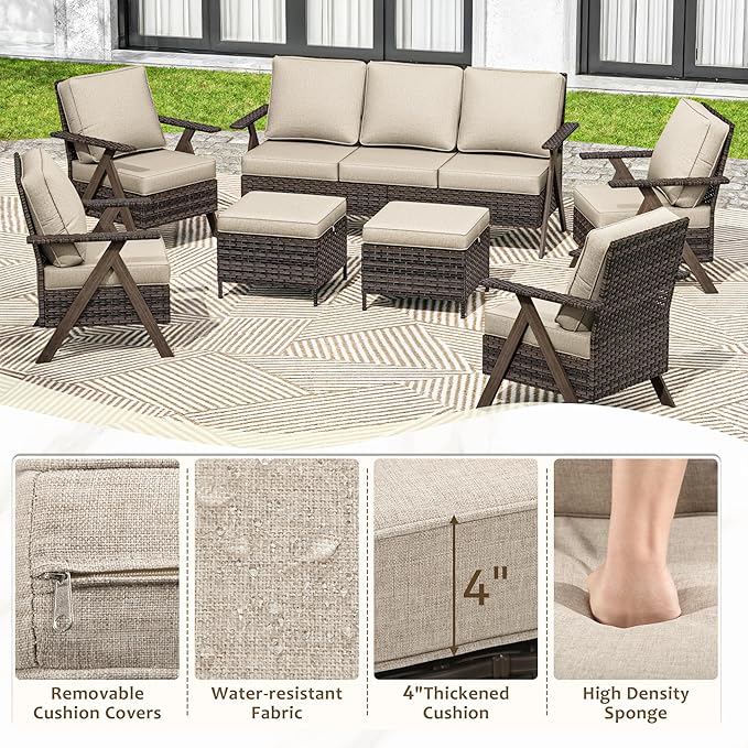 7 Pieces Patio Furniture Set,Outdoor Sofa & High Back Wicker Patio Chairs, Patio Conversation Set with Ottoman for Deck Yard and Poolside