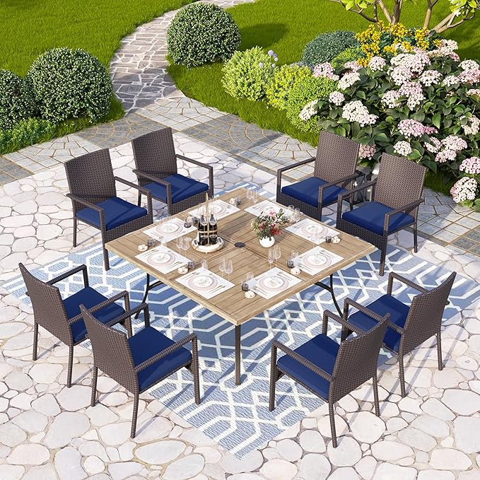 PHI VILLA 9-Piece Outdoor Dining Set for 8, 60" Wood-Like Square Metal Steel Dining Table & Rattan Wicker Chairs with Cushions, Patio Dining Set