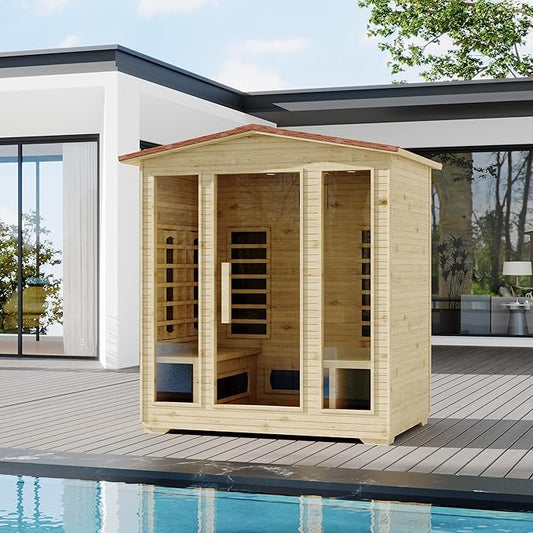 4 Person Outdoor Infrared Sauna - 3D Fast Heating Home Spa Sauna w/Chromotherapy Light, Wooden Sauna Room Kit w/Bluetooth Speaker (CE Certified,220V)