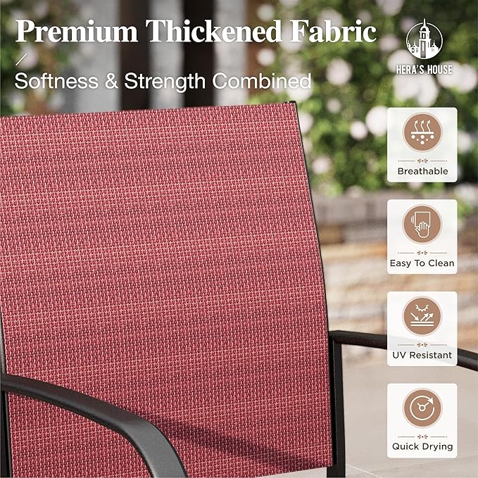 HERA'S HOUSE Patio Dining Chairs Set of 8, 36" Textilene Fabric Outdoor Chair with Wrought Iron Metal Frame Support 350lbs for Lawn Garden Backyard Kitchen, Red