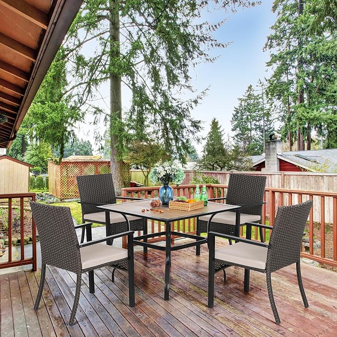 PHI VILLA 5 Piece Outdoor Dining Set for 4, 37" Wood Top Metal Dining Table & 4 Cushioned Rattan Wicker Chairs for Patio, Deck, Yard, Porch
