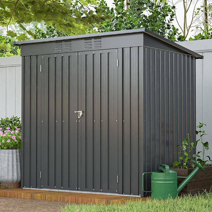 6x4 FT Outdoor Storage Shed, Metal Garden Shed with Frame Floor, Outside Tool Shed with Lockable Hinged Doors, Waterproof Storage Building with Sloped Roof for Backyard, Patio, Lawn, Black